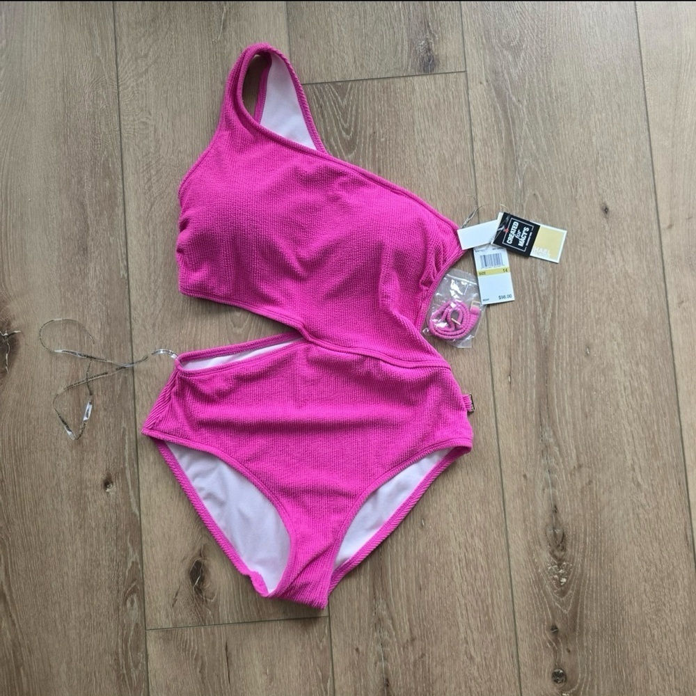 NWT Michael Kors Women's One-Shoulder Side-Cutout Swimsuit Cerise size…12 - Picture 4 of 7
